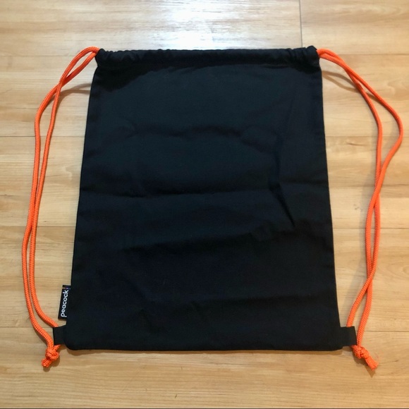 Peacock Branded Black and Orange Canvas Drawstring Tote Backpack - Picture 2 of 5